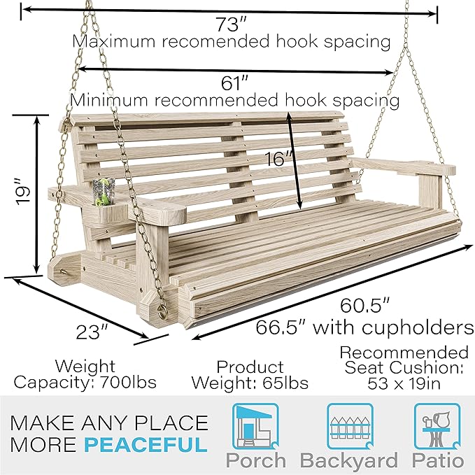 Porchgate Amish Heavy Duty 800 Lb Roll Comfort Treated Porch Swing W/Chains (5 Foot, Unfinished)