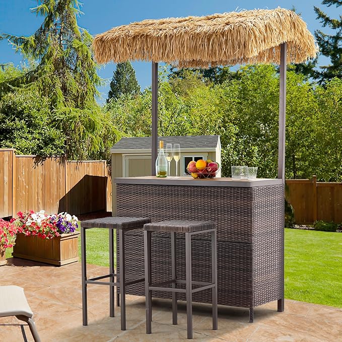 HOMREST Outdoor Tiki Bar Set, 3 Pieces Wicker Patio Bar Set w/2 Height Stools, Storage Shelf, Canopy, Plastic Wood Tabletop for Backyard Poolside Garden, Brown