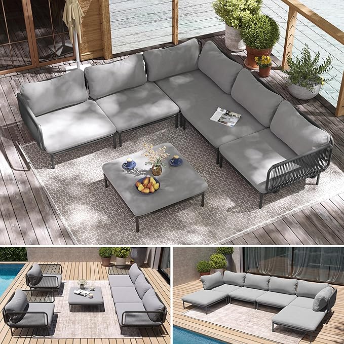 6-Piece Patio Furniture Set, 31" Oversized Outdoor Sectional Sofa with Olefin Woven Rope, Weather-Resistant Metal Frame Conversation Set for Backyard, Garden, Poolside - Dark Grey
