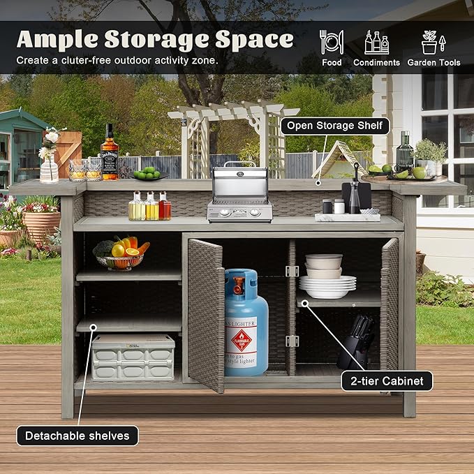 Domi Home Bar Unit，Modern Wicker Outdoor Bar Table with Aluminum Frame, Grill Table and Liquor Cabinet Bar for Patio, Home Kitchen, Dining Room, Living Room, Gray