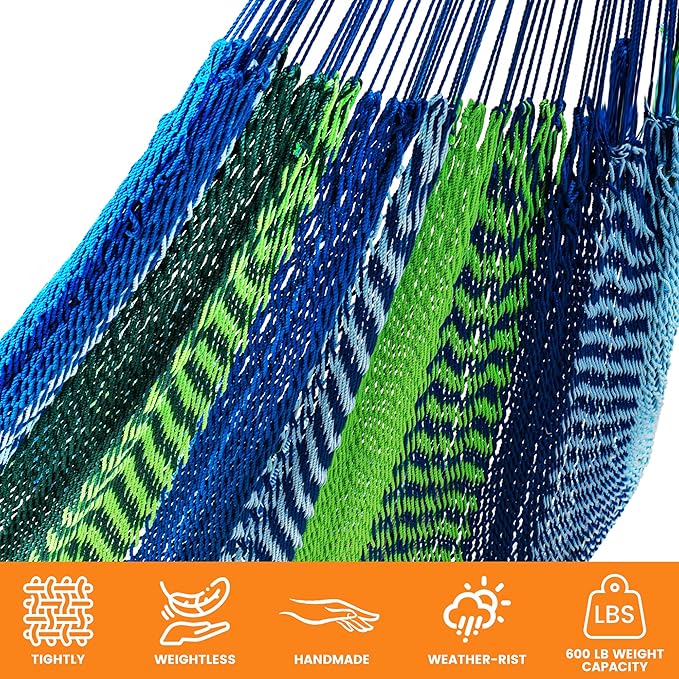 Lazy Daze Hammocks Handwoven Mayan Hammock, 10.5 FT Soft Rope Double Hammocks, Portable Outdoor Hammock with Carry Bag, 2 Straps & Carabiners for Patio Outside, 550 lbs Weight Capacity, Blue/Green