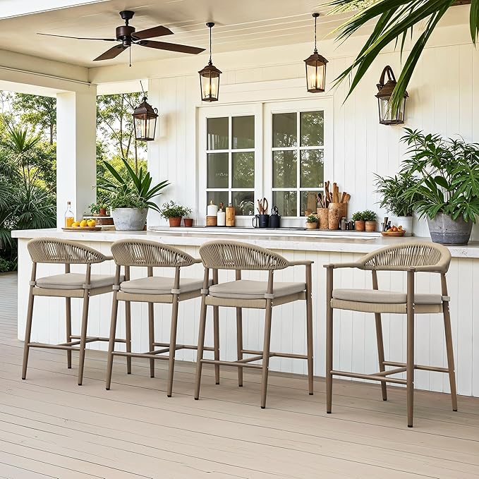 Bar Stools Set of 4, 24.8'' Aluminum Outdoor Bar Stool with Removable Cushion, Boho Rattan BarStools, Olefin Rope Woven Bar Chairs with Footrest for Patio, Garden, Pool, Kitchen, Brown