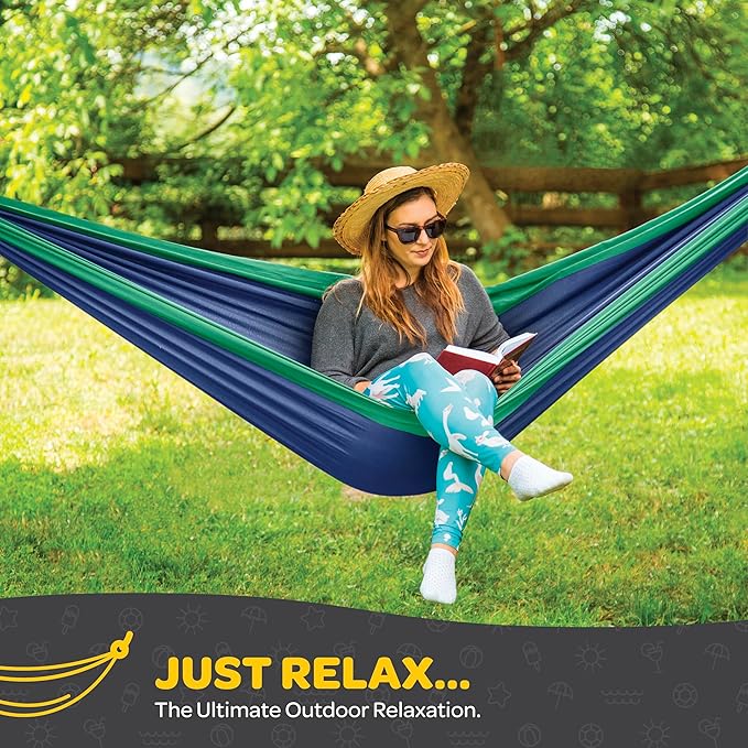 Durable Hammock 400 lb Capacity, Nylon Camping Hammock Chair - Double or Single Sizes w/Tree Straps and Attached Carry Bag - Portable for Travel/Backpacking/Beach/Backyard (Medium, Khaki & Dark Green)