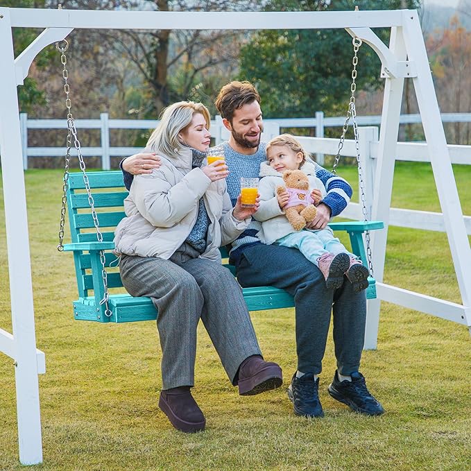 KINGYES Outdoor Hanging Patio Swing Set, 2 Seat Swing Chair with Cup Holders, Waterproof Bench for Courtyard & Garden, 660LBS Weight Capacity, Aruba Blue