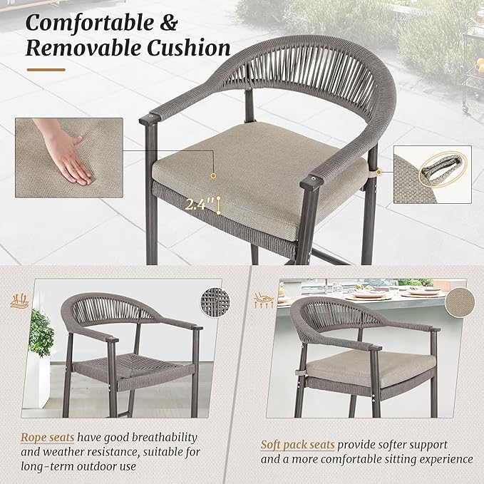 Bar Stools Set of 2, 24.8'' Aluminum Outdoor Bar Stool with Removable Cushion, Boho Rattan BarStools, Olefin Rope Woven Bar Chairs with Footrest for Patio, Garden, Pool, Kitchen, Gray