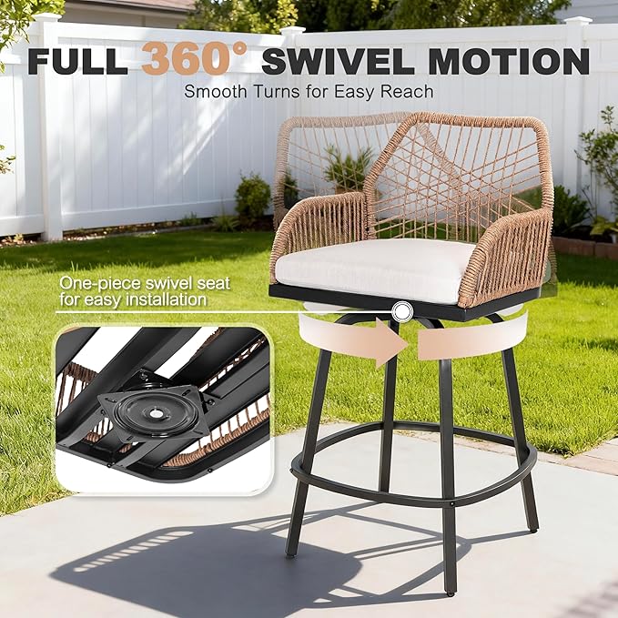NUU GARDEN 3-Piece Patio Bar Set, All Weather Rattan Swivel Stools 360 Degree Swivel, Outdoor High Top Table and Chairs for Backyard, Balcony, Garden and Poolside, Black and Beige