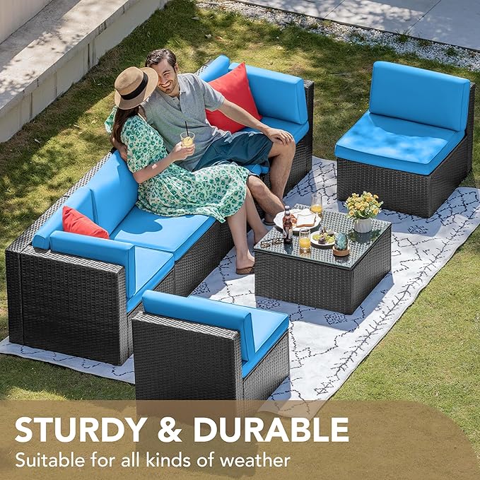 Devoko 7 Pieces Outdoor Sectional Sofa Patio Furniture Sets Manual Weaving Wicker Rattan Patio Conversation Sets with Cushion and Glass Table (Blue)