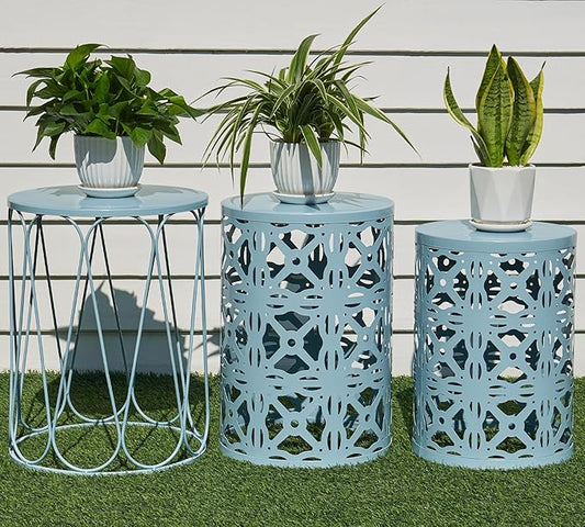 HFHOME Set of 3 Metal Outdoor Side Table, Nesting Round Coffee Table for Indoor Outdoor, Heavy Duty End Tables Plant Stand Living Room Garden Stool - Blue