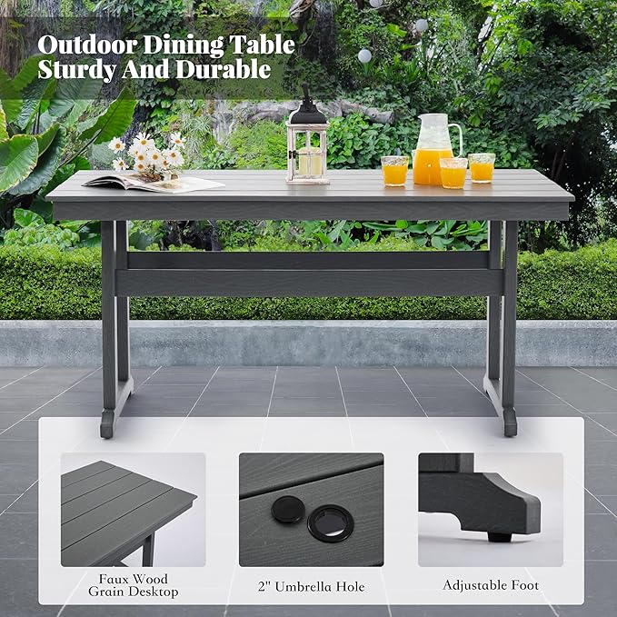 HDPE Outdoor Dining Set,6-Piece Outdoor Table and Chairs Include 4 Dining Chairs and 2 Pcs 62.5" Patio Dining Table with Umbrella Hole (Gray)