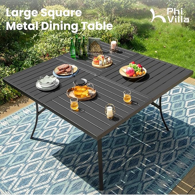 PHI VILLA 9 Pieces Outdoor Dining Set for 8, 60" Black Square Wrought Iron Table with Umbrella Hole & Swivel Metal Chairs with Cushions, Large Outside Furniture Set for Patio, Deck, Yard, Porch