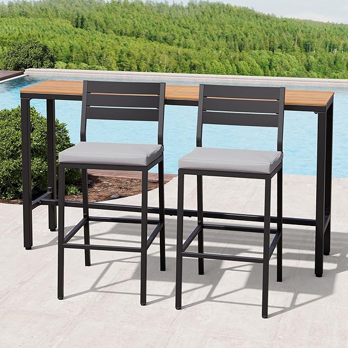 Crestlive Products Outdoor Bar Table and Chairs Set, 3 Piece Outside Patio Bar Set with 63" Long Bar Table and 2 Bar Stools for Balcony, Bistro, Garden, Backyard(Brown Desktop and Light Gray Cushion)