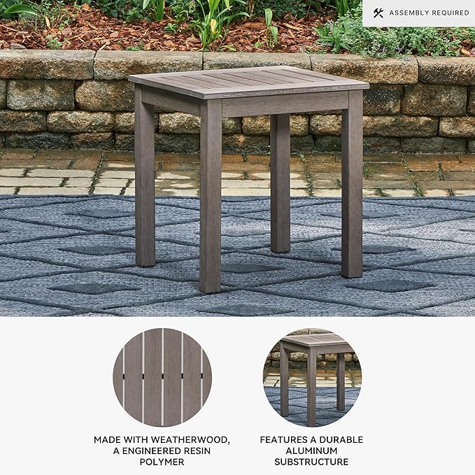 Signature Design by Ashley Hillside Barn Casual Outdoor Weatherwood Resin Polymer End Table with Slatted Tabletop, Brown