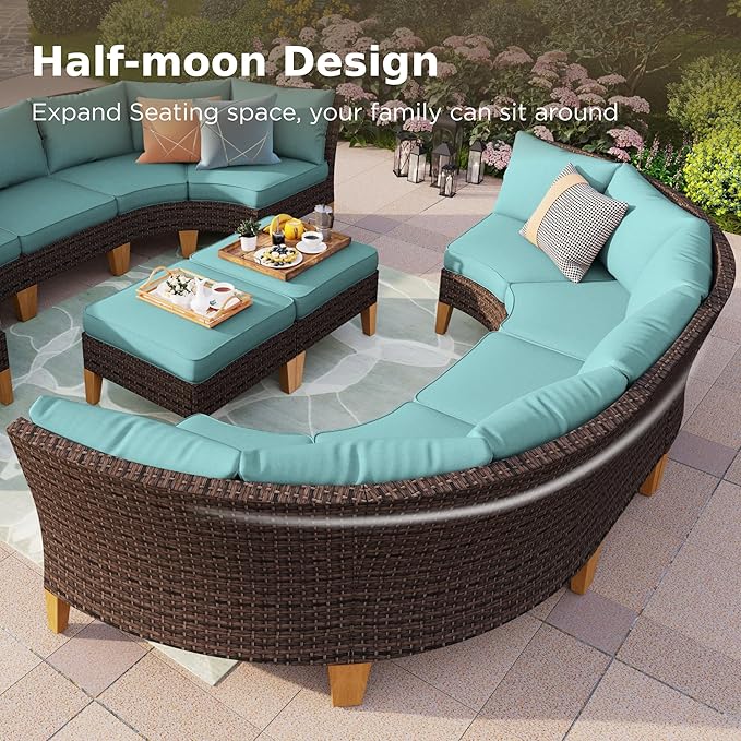 PHI VILLA Half-Moon Patio Furniture Set with 56" Fire Pit Table, 8-Piece Wicker Outdoor Curved Sectional Sofa, Large Conversation Seating for Garden or Backyard, Aqua Blue
