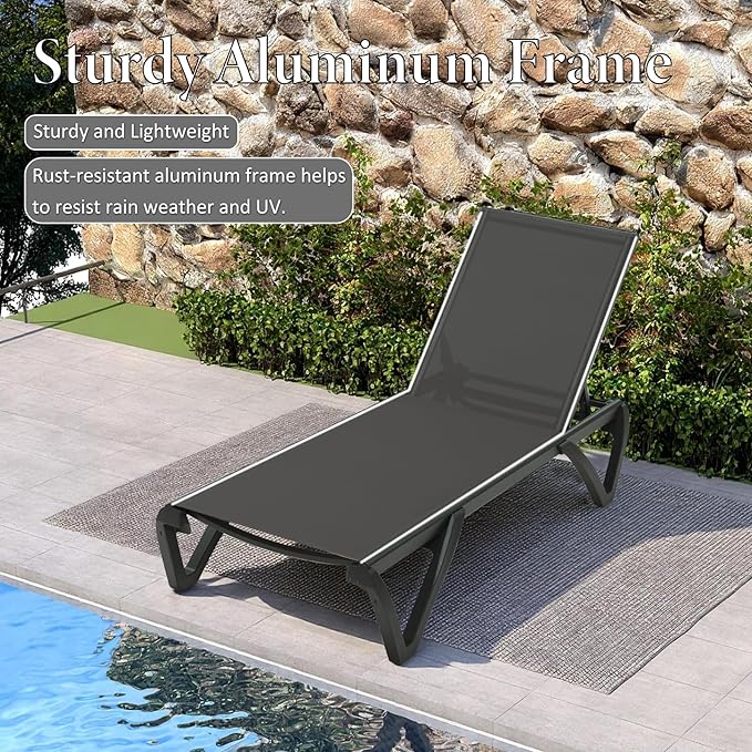Domi Pool Lounge Chairs Set of 2 with Side Table, Aluminum Adjustable Outdoor Chaise Lounge with Wheels, All Weather Poolside Chairs for Deck Lawn Patio Backyard, Textilene- Dark Gray