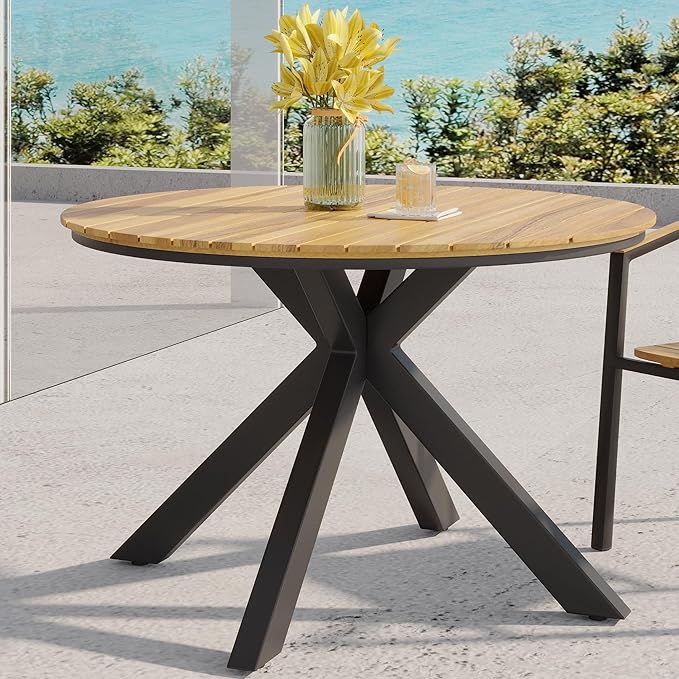 Merax Outdoor Dining Table, 45" Round Teak Acacia Wood Tabletop and Black Metal Leg, Modern Industrial Style Patio Dining Table