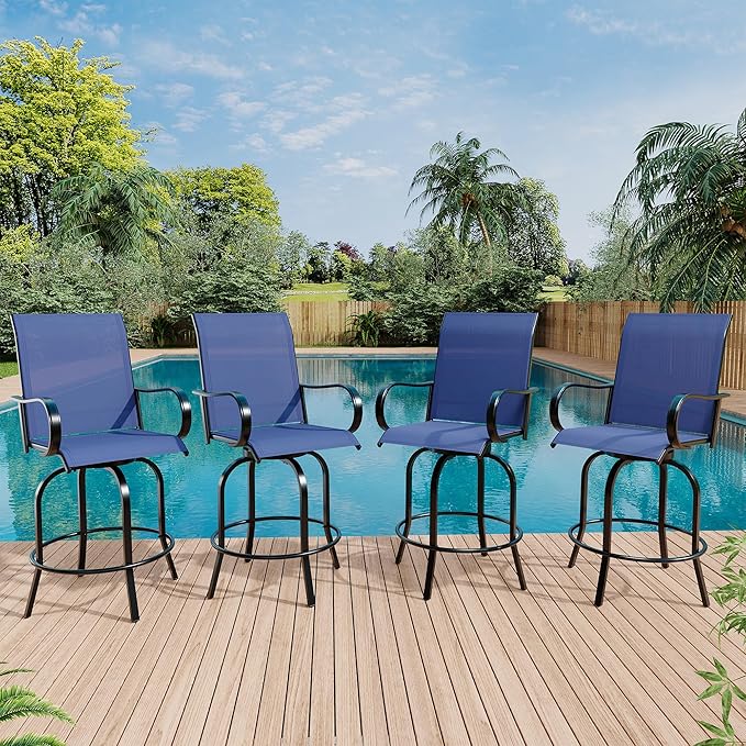 GarveeLife 4 Piece Outdoor Swivel Bar Chairs, Patio High Swivel Bar Stools, All Weather High Back and Armrest Patio Chairs, Outdoor Rotating BarChair Counter Height for Deck Lawn Garden Backyard