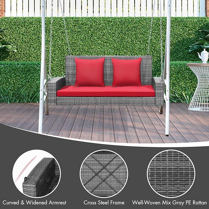 RELAX4LIFE 2-Person Porch Swing Bench - PE Rattan Outdoor Swing Chair with Comfortable Seat & Back Cushions, Rustproof Metal Chains, Patio Loveseat Swing for Balcony, Garden, Yard, 800 LBS (Red)