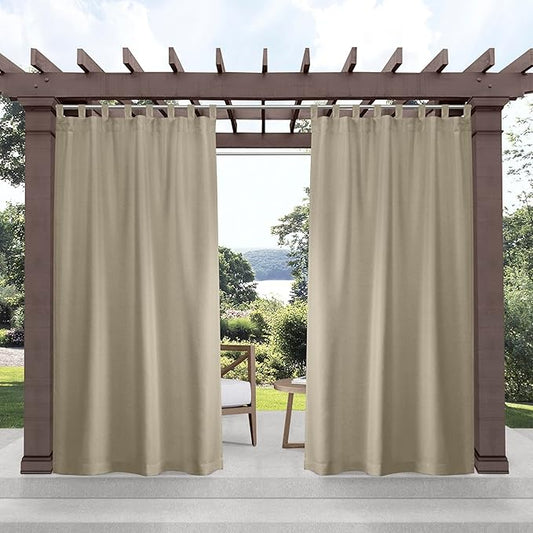 Exclusive Home Cabana Solid Indoor/Outdoor Light Filtering Hook-and-Loop Tab Top Curtain Panel Pair, 54"x144", Taupe