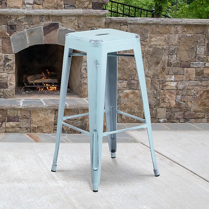 Flash Furniture Kai Commercial Grade 4 Pack 30" High Backless Distressed Green-Blue Metal Indoor-Outdoor Barstool