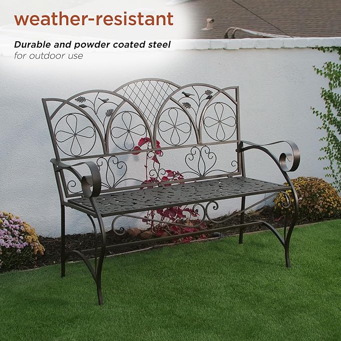 Alpine Corporation 45" Long Outdoor Metal Classic Bench with Stylish Patterns, Garden Furnitures - Brown