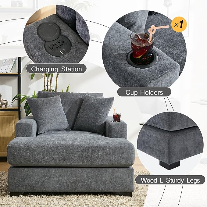 Merax Modern 43.5" Chaise Lounge with Pillow Charge Station & Cup Holders,Upholstered Sofa Recliner Chair for Living Room Bedroom Blue Gray