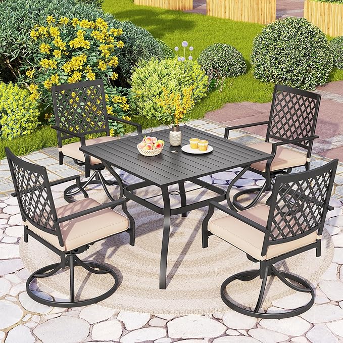 PHI VILLA 5 Pieces Outdoor Dining Set for 4, 37" Black Metal Table with Umbrella Hole & Swivel Wrought Iron Chairs with Cushions, Outside Furniture for Patio, Deck, Yard, Porch