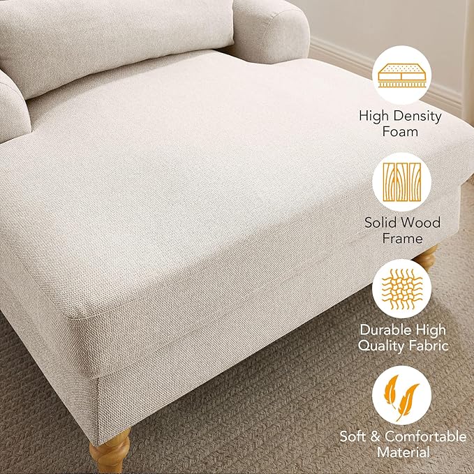 Modern Chaise Lounge Chair with Adjustable Backrest, Upholstered Indoor Leisure Sofa Recliner, Oversized Accent Chair Deep Seat Reading Armchair for Living Room, Bedroom, Office, Smoke White