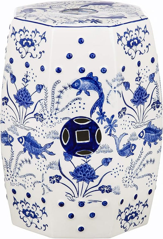 Safavieh Castle Gardens Collection Glazed Ceramic Blue Cloud 9 Chinoiserie Garden Stool