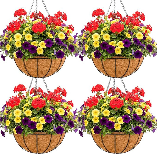 14 inch Metal Hanging Baskets For Plants Outdoor 4 Pack Round Metal Wire Hanging Basket Planter with Coco Fiber Liners Chain Round Wire Plant Holder for Garden, Patio, Deck, Porch Plants Flower Potss