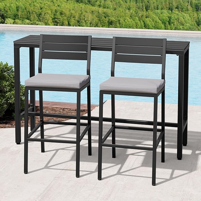 Crestlive Products Outdoor Bar Table and Chairs Set, 3 Piece Outside Patio Bar Set with 43" Long Bar Table and 2 Bar Stools for Balcony, Bistro, Garden, Backyard(Black Desktop and Light Gray Cushion)