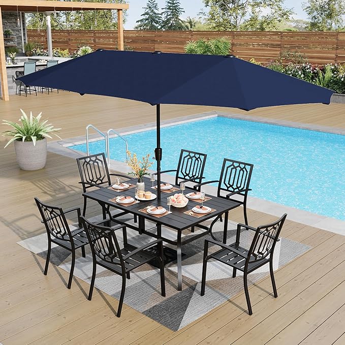 PHI VILLA Patio Dining Set 8 PCS with 13ft Double-Sided Patio Umbrella(Navy Blue)，Metal Outdoor Dining Set - 6 x Outdoor Stackable Chairs, 1 x 60"x38"Rectangle Dining Table and 1 Umbrella