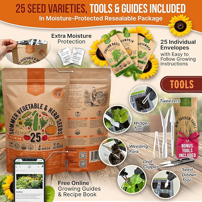 Organo Republic 25 Summer Vegetable & Herb Garden Seeds Variety Pack - 6,820+ Non-GMO Heirloom Veggie & Herb Seeds for Outdoors & Indoor Home Gardening: Tomato, Okra, Bean, Cucumber, Basil, Rosemary
