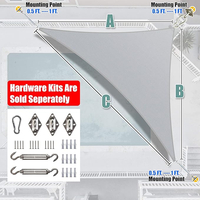 Amgo Custom Size 21' x 24' x 31.9' Gray Right Triangle Sun Shade Sail UPF50+ AGTAPRT12, Order to Make Canopy Awning, 95% UV Blockage, Water & Air Permeable, Commercial Standard (We Customize)