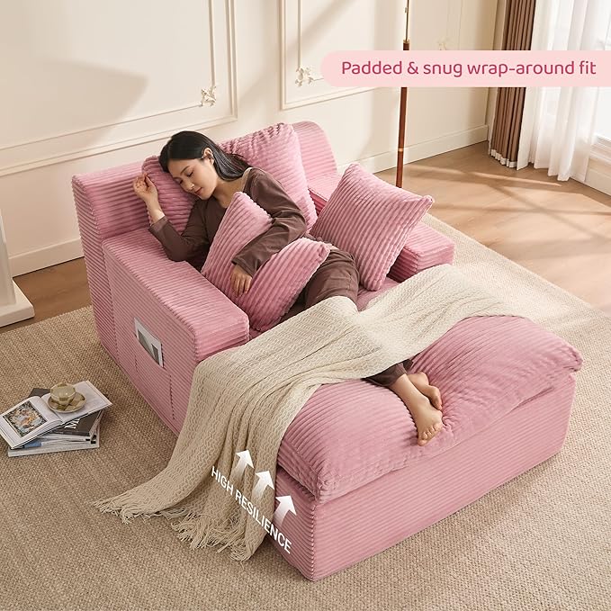 63" Chaise Lounge Chair Indoor, Set of Convertible Sleeper Sofa Couch with Throw Pillows & Side Pockets, Corduroy Upholstered Oversized Sofa Bed with Armrests for Living Room Bedroom, Pink