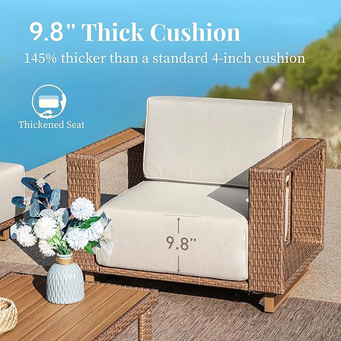 6 Pieces Patio Furniture Set,Outdoor Rattan Wicker Sectional Sofa with 10''Ultra-Thick Cushions,All Weather Patio Conversation Set for Lawn Garden Backyard,Beige