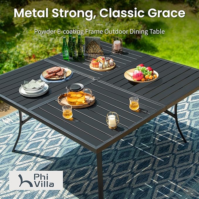 PHI VILLA 9 Pieces Outdoor Dining Set for 8, 60" Black Square Metal Table with Umbrella Hole & Stackable Wrought Iron Chairs, Large Outside Furniture Set for Patio, Deck, Yard, Porch