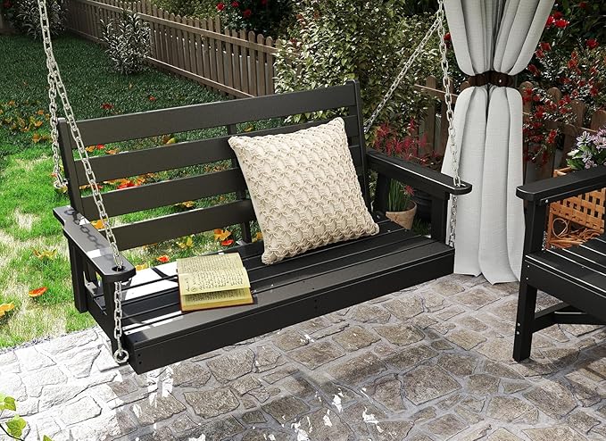 GREENVINES Porch Swing | 51’’ | HDPE Plastic | for Outdoor Patio | All Weather | Waterproof Bench Swings | w/ 4 Stainless Steel Chains | Black