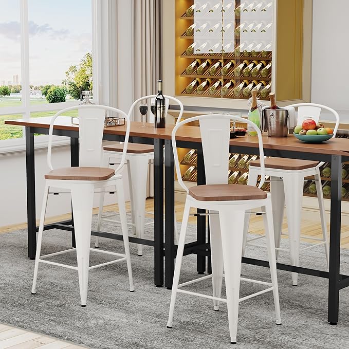 Alunaune 24" Swivel Metal Bar Stools Set of 4 High Back Counter Height Barstools Industrial Dining Bar Chairs with Large Wooden Seat-White