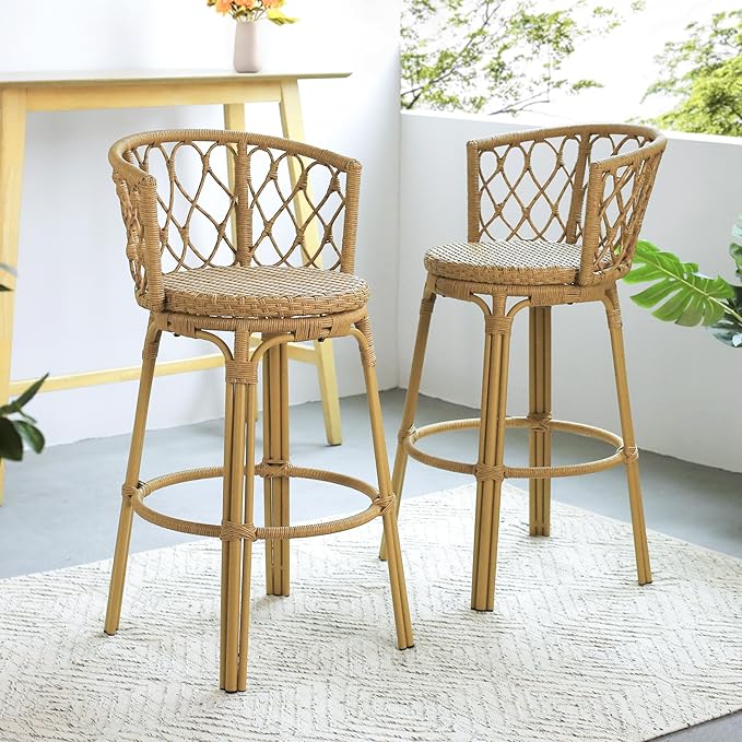 Christopher Knight Home Harrison 28.75"H Outdoor Barstools Set of 2, Rattan Bar Chair, Barrel Backrest Counter Stool, Country Style Bistro Stool, Patio Barstools for Gardern Orchard Yard, Light Brown
