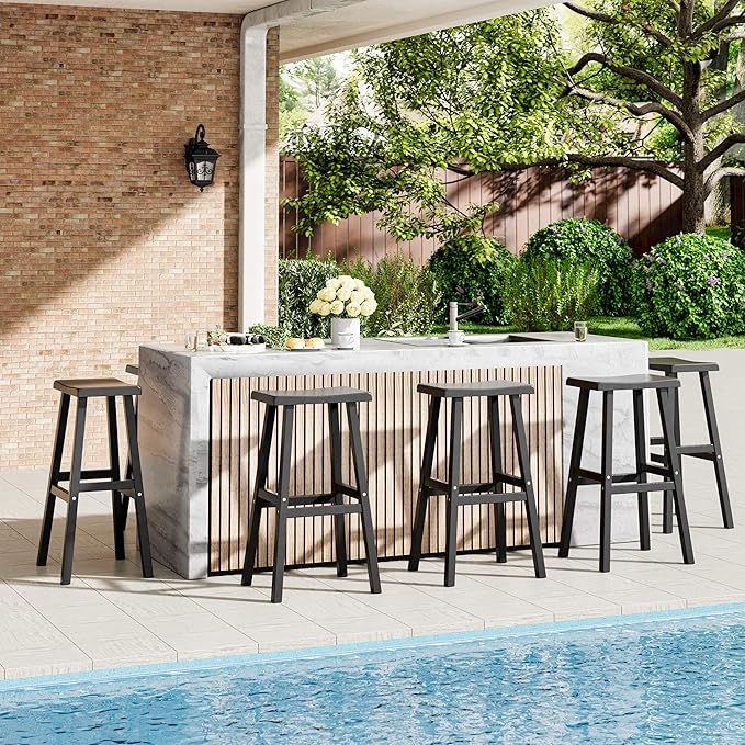 NUNU LAB HDPE Weatherproof Bar Stools Set of 2-29 Inch Bar Height Stools with Curved Backrest, UV Resistant Kitchen Island Chairs for Pub, Patio, Outdoor Bar Counter (Black)