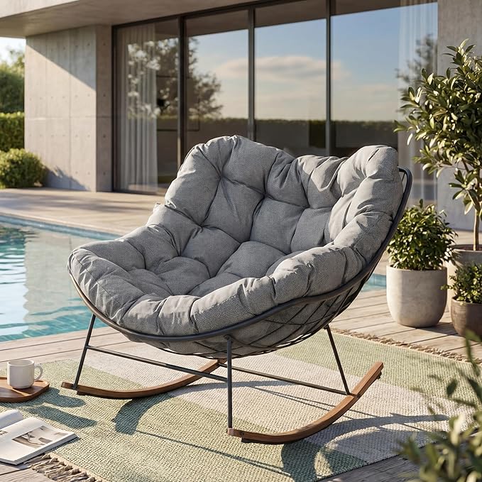 Grand patio Outdoor Rocking Chair, Oversized Papasan Rocking Chair with Thick Cushion, Indoor Outdoor Cozy Rocker for Balcony, Living Room, Patio, Gray