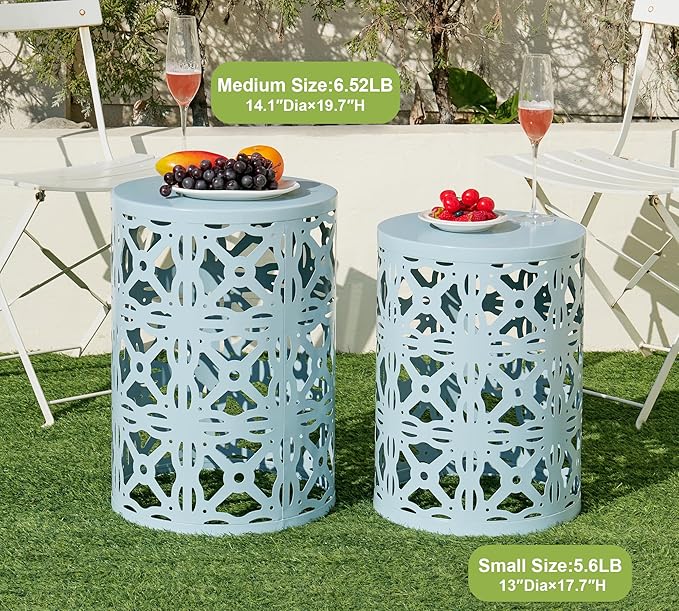 HFHOME Set of 3 Metal Outdoor Side Table, Nesting Round Coffee Table for Indoor Outdoor, Heavy Duty End Tables Plant Stand Living Room Garden Stool - Blue
