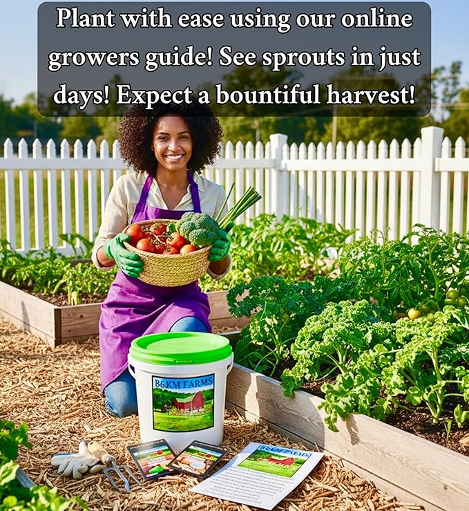 Survival Seed Vault: 50 Varieties, 50,000+ Non-GMO Heirloom Seeds - 5+ Year Supply in Secure Bucket + Growing Guide by B&KM Farms