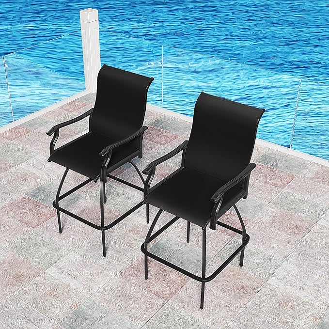 LEVELEVE Patio Bar Set 2pcs Swivel Bar Stools Outdoor Bistro Textilene Furniture Stability All-Weather Set (2, Black Padded)