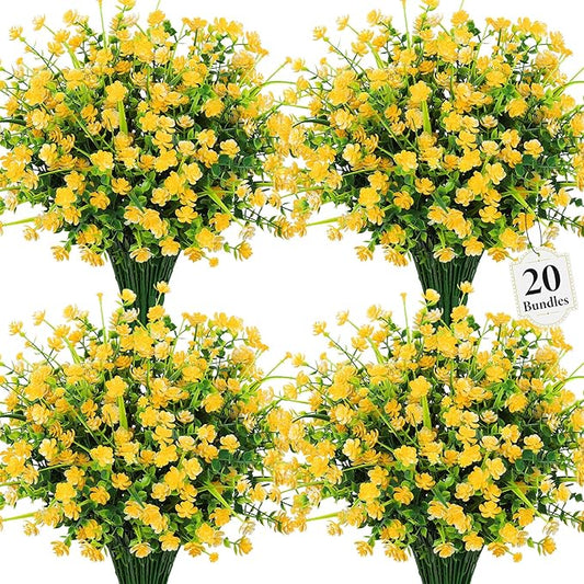 20 Bundles Artificial Flowers for Outdoors Fake Plastic Flowers UV Resistant Realistic Faux Plants Shrubs for Spring Summer Garden Porch Yard Patio Planter Window Box Home Decor, Yellow