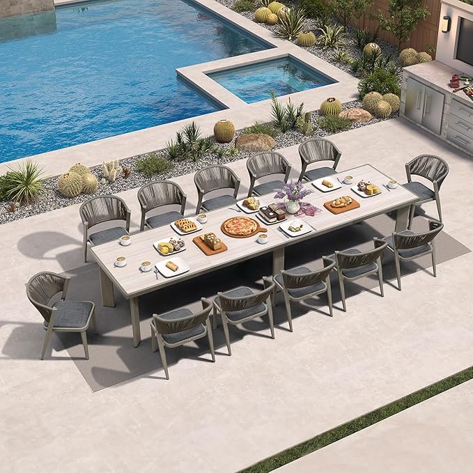 PURPLE LEAF 13-Piece Patio Dining Set Outdoor Furniture Rectangular Table and Chairs Set with Aluminum Frame and Wicker Rattan for Garden Deck Backyard Kitchen Gray Outdoor Set