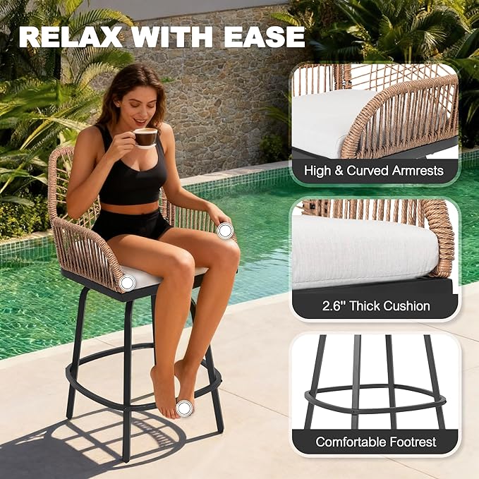 NUU GARDEN 3-Piece Patio Bar Set, All Weather Rattan Swivel Stools 360 Degree Swivel, Outdoor High Top Table and Chairs for Backyard, Balcony, Garden and Poolside, Black and Beige