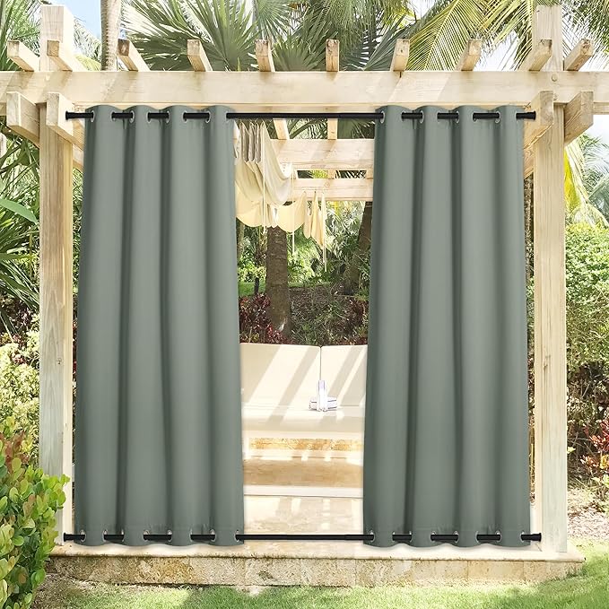 NICETOWN Outdoor Curtains for Patio Waterproof & Windproof 2 Panels, Rustproof Top and Bottom Grommet Heat & Cold Block Blackout Thermal Outdoor Drapes for Garden, W52 x L95, Sage Green