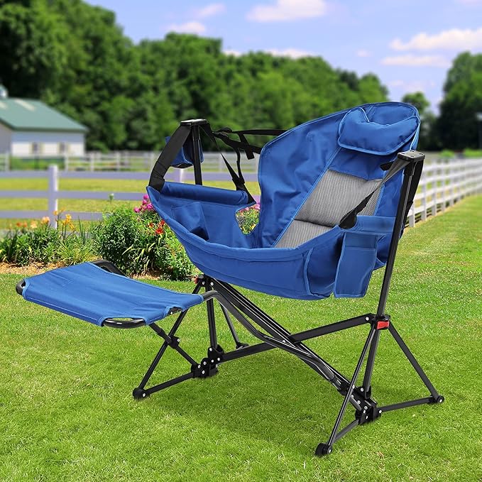 Ainfox Hammock Chair with Footrest, Oversized Swinging Portable Folding Camping Chairs for Adults Outside Swinging Camp with Cup Holder Pillow for Outdoor Patio Lawn Blue