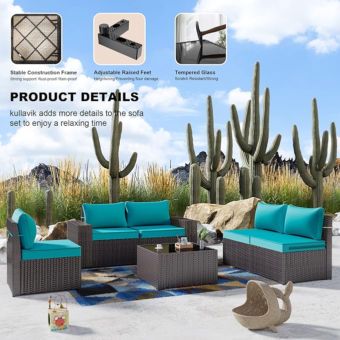 Kullavik Outdoor Patio Furniture Set 6 Pieces Sectional Rattan Sofa Set Brown PE Rattan Wicker Patio Conversation Set with 5 Seat Cushions and 1 Tempered Glass Table, Turquoise Blue